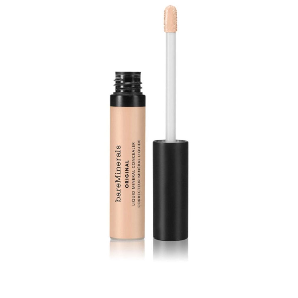 Bareminerals Original Liquid Concealer, sehr hell. Flasche mit Applikator. Schwarzer Deckel, weißer Stiel, beigefarbener Concealer.