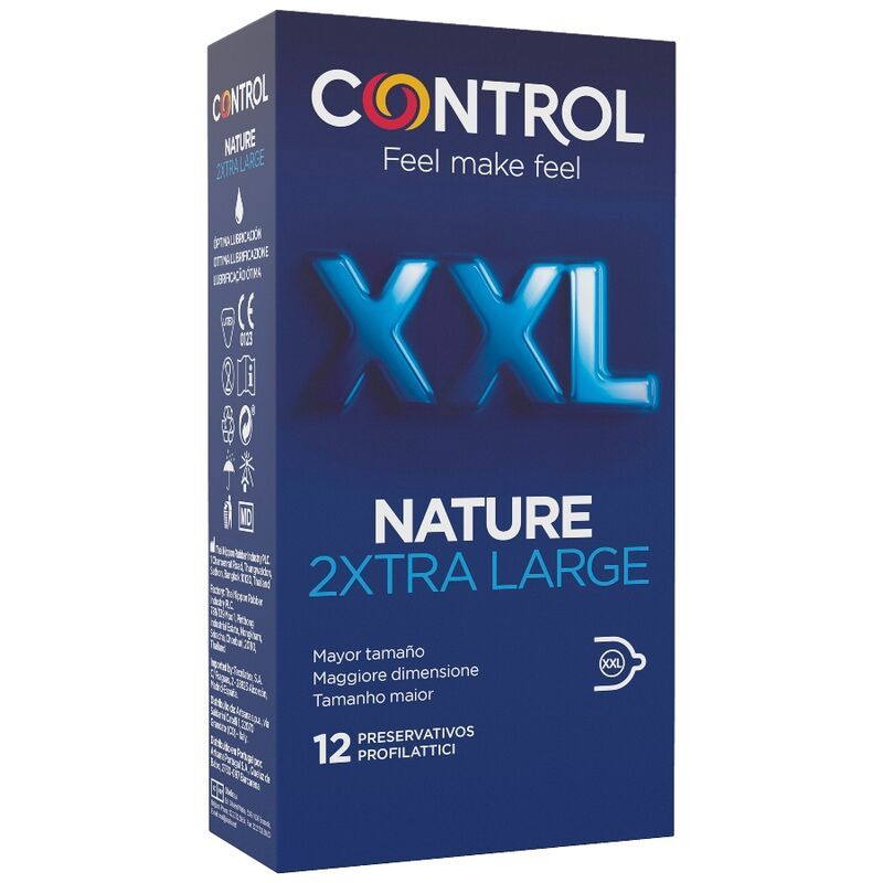 Verpackung von Control Nature XXL Kondomen. Blaue Schachtel mit Produktbezeichnung und Logo. 12 Kondome.