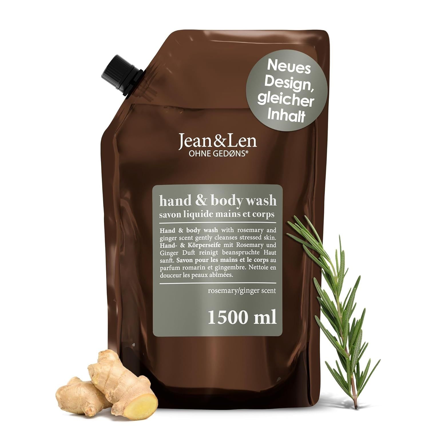 Braune Nachfüllpackung mit Hand- & Body Wash. Text: Rosemary/Ginger Scent, 1500 ml. Ingwer und Rosmarin daneben.