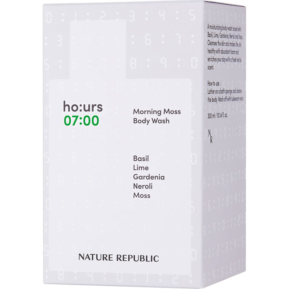 Weiße Produktverpackung. Text: Morning Moss Body Wash. Inhaltsstoffe: Basil, Lime, Gardenia, Neroli, Moss. Marke: NATURE REPUBLIC.