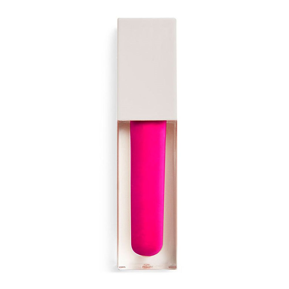 Transparenter Lipgloss-Flakon mit pinkfarbenem Inhalt. Weißer Deckel.
