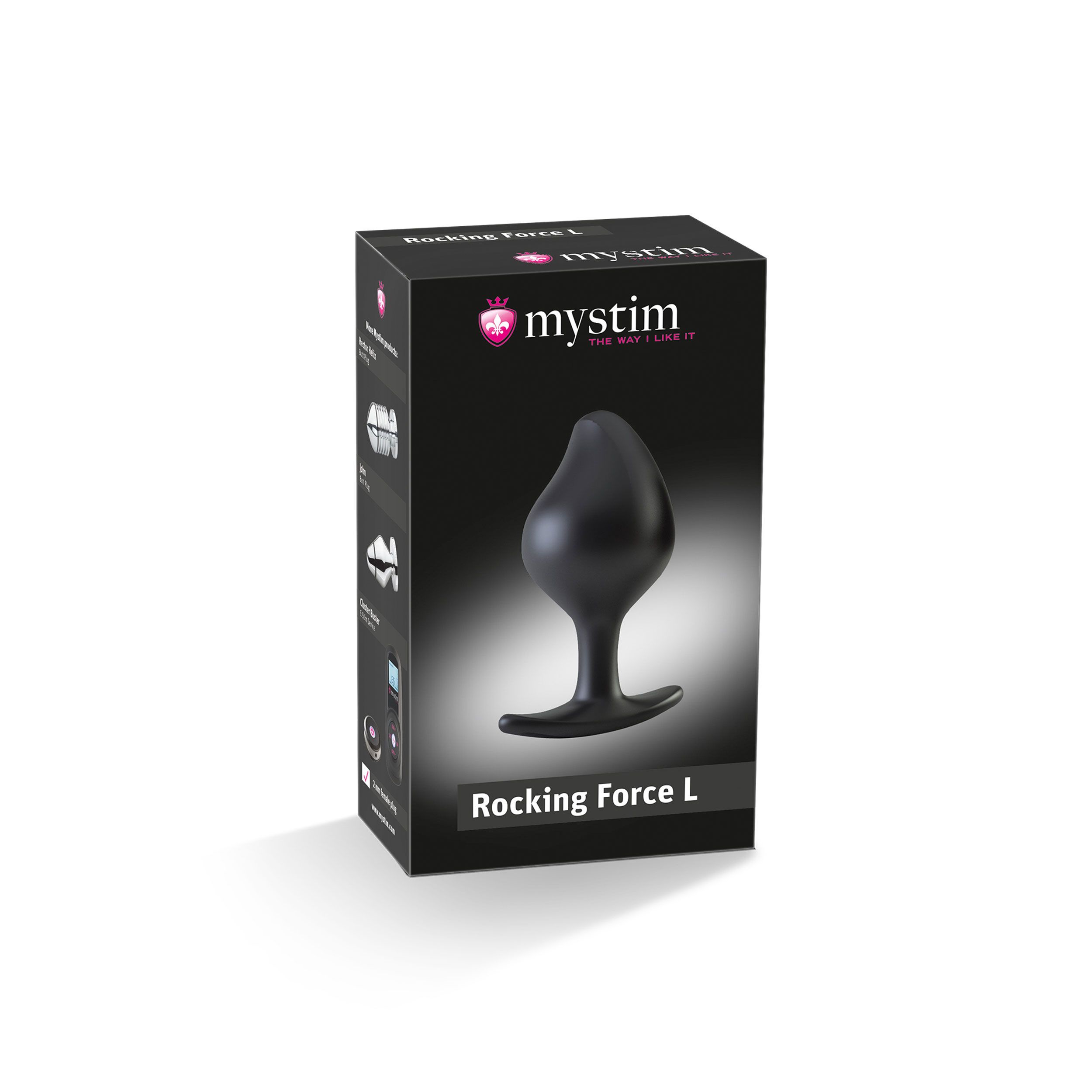 Verpackung mit schwarzem Anus-Plug. Logo: mystim, Text: Rocking Force L, THE WAY I LIKE IT. Produktabbildung.