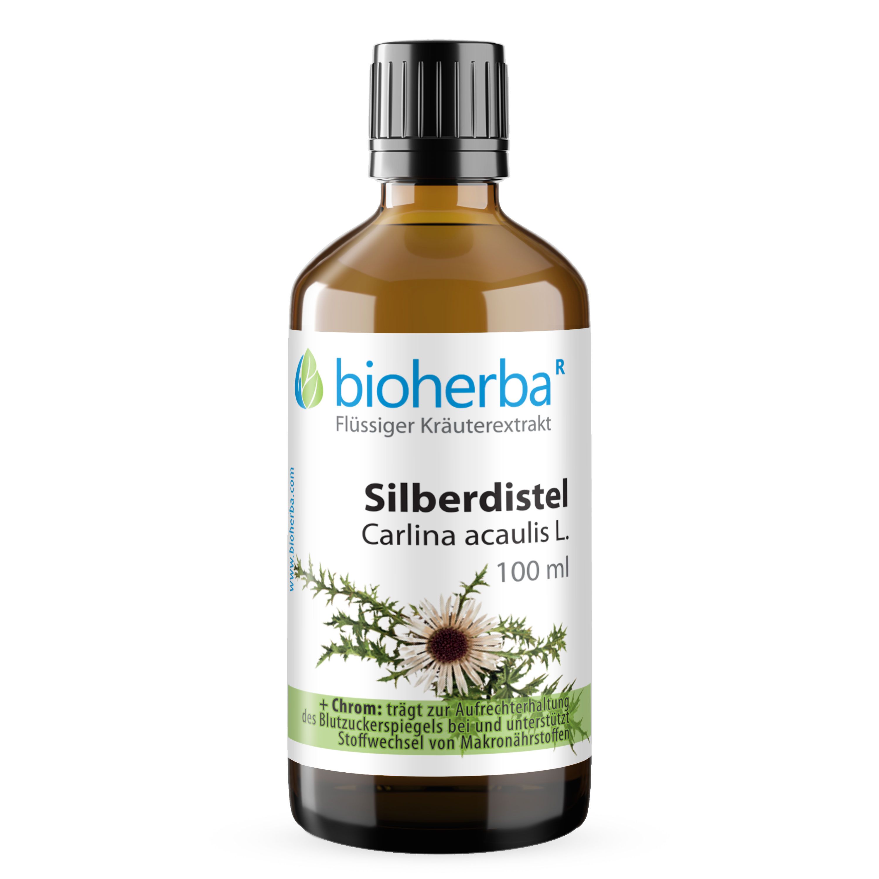 Braune Glasflasche mit schwarzem Deckel. Etikett mit Produktname, Marke Bioherba und floraler Illustration.