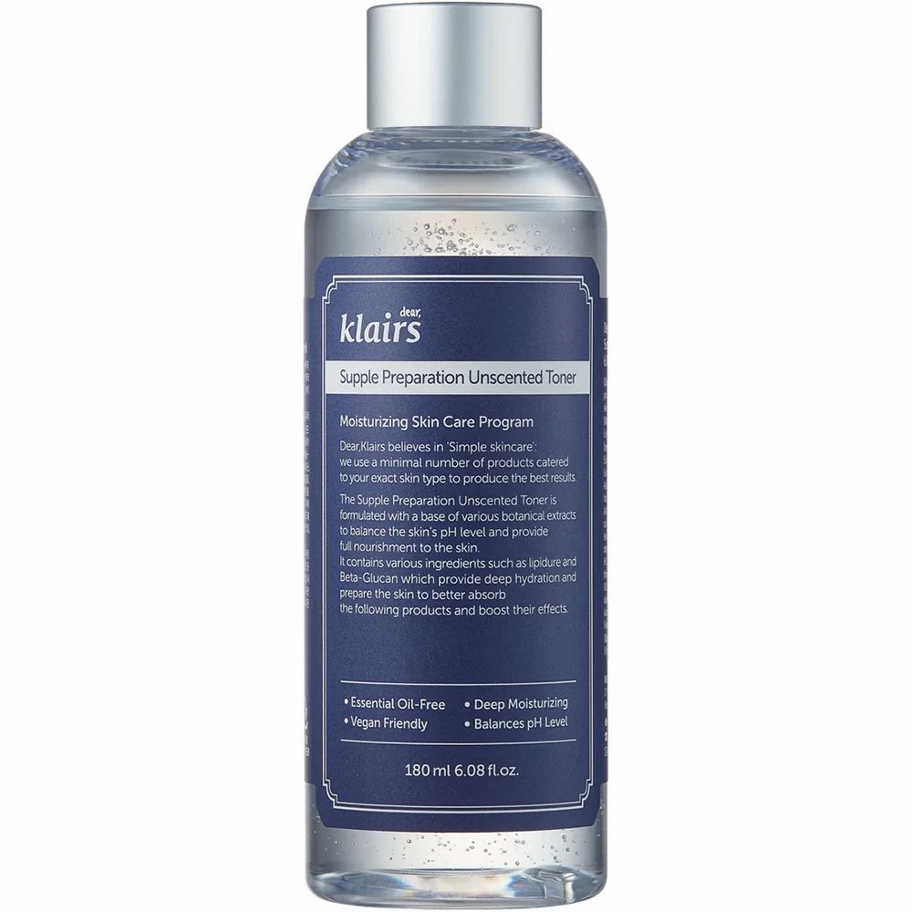 Transparente Flasche. Aufschrift: Dear Klairs Supple Preparation Unscented Toner. 180 ml. Mit Schraubverschluss.