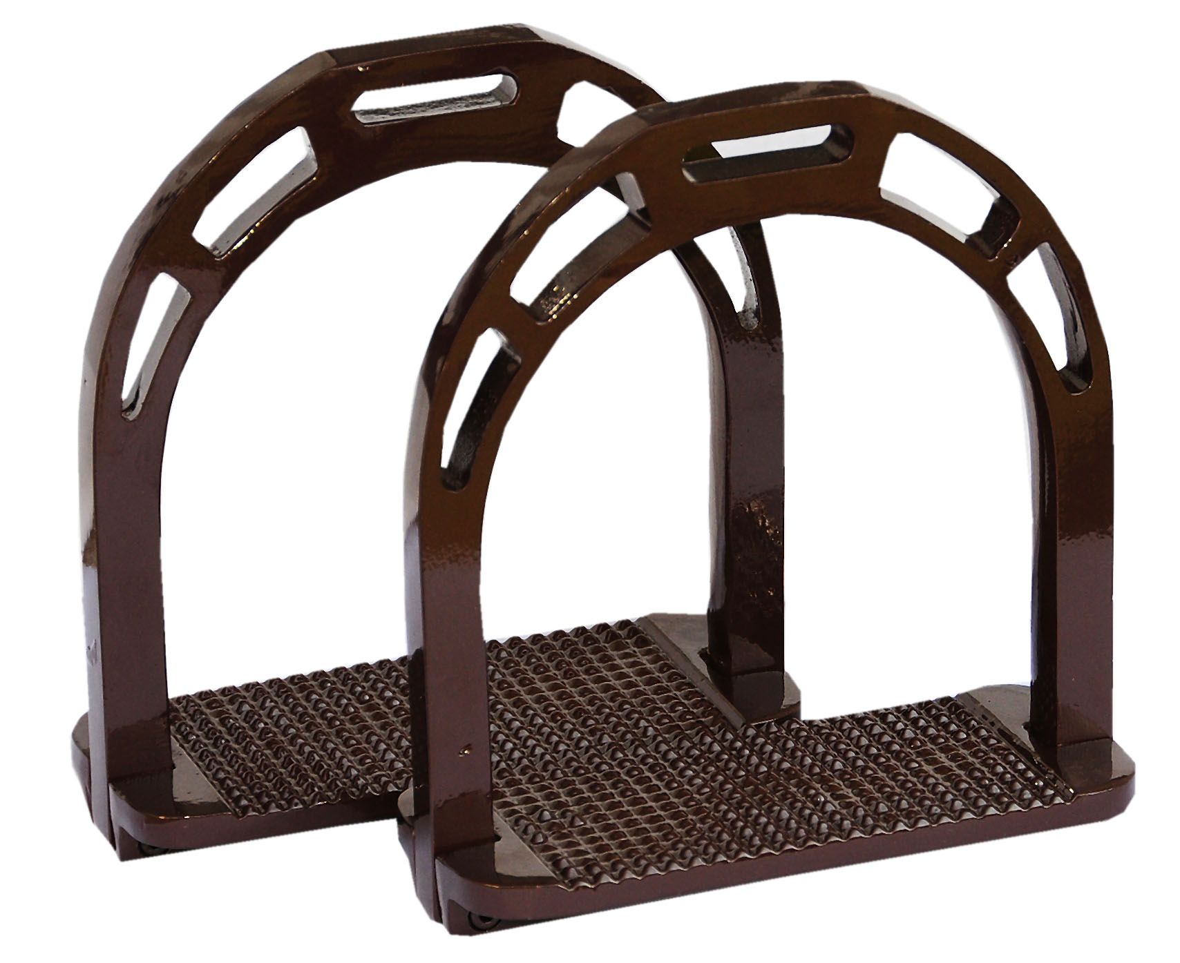 Zwei braune Steigbügel mit breiter Anti-Rutsch-Trittfläche. Aluminium-Konstruktion mit gebogenem Bügel und rechteckiger Trittfläche.