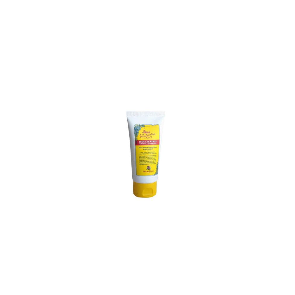 Creme-Tube mit gelbem Verschluss. Aufschrift: Agua de Colonia Concentrada, Crema de Manos. Gelbes Etikett mit rosa Schrift.