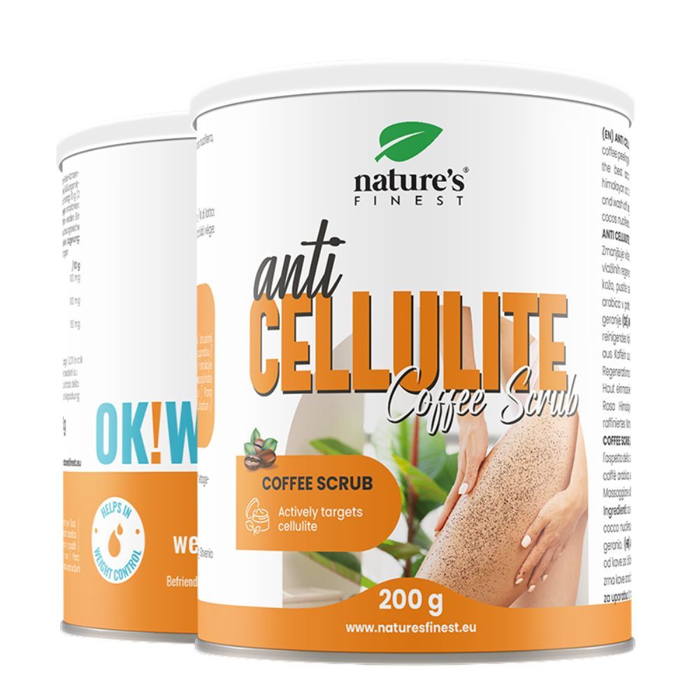 Zwei Dosen Nature's Finest Anti-Cellulite Coffee Scrub. Aufschrift: Anti Cellulite Coffee Scrub, 200 g. Logo: grünes Blatt.
