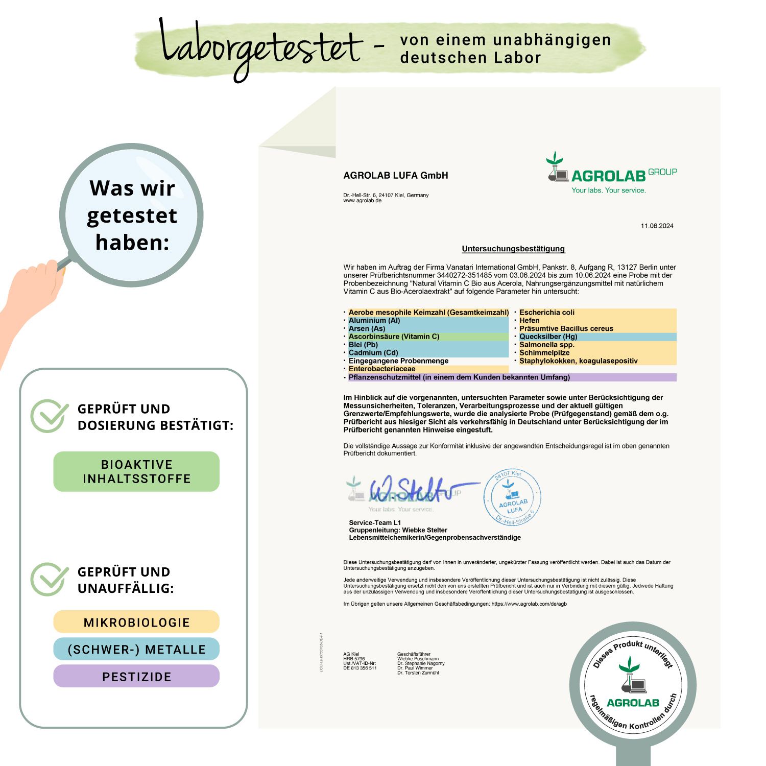 Zertifikat von Agrolab LUFA GmbH. Geprüft und Dosierung bestätigt. Geprüft und unauffällig: Mikrobiologie, Schwermetalle, Pestizide.