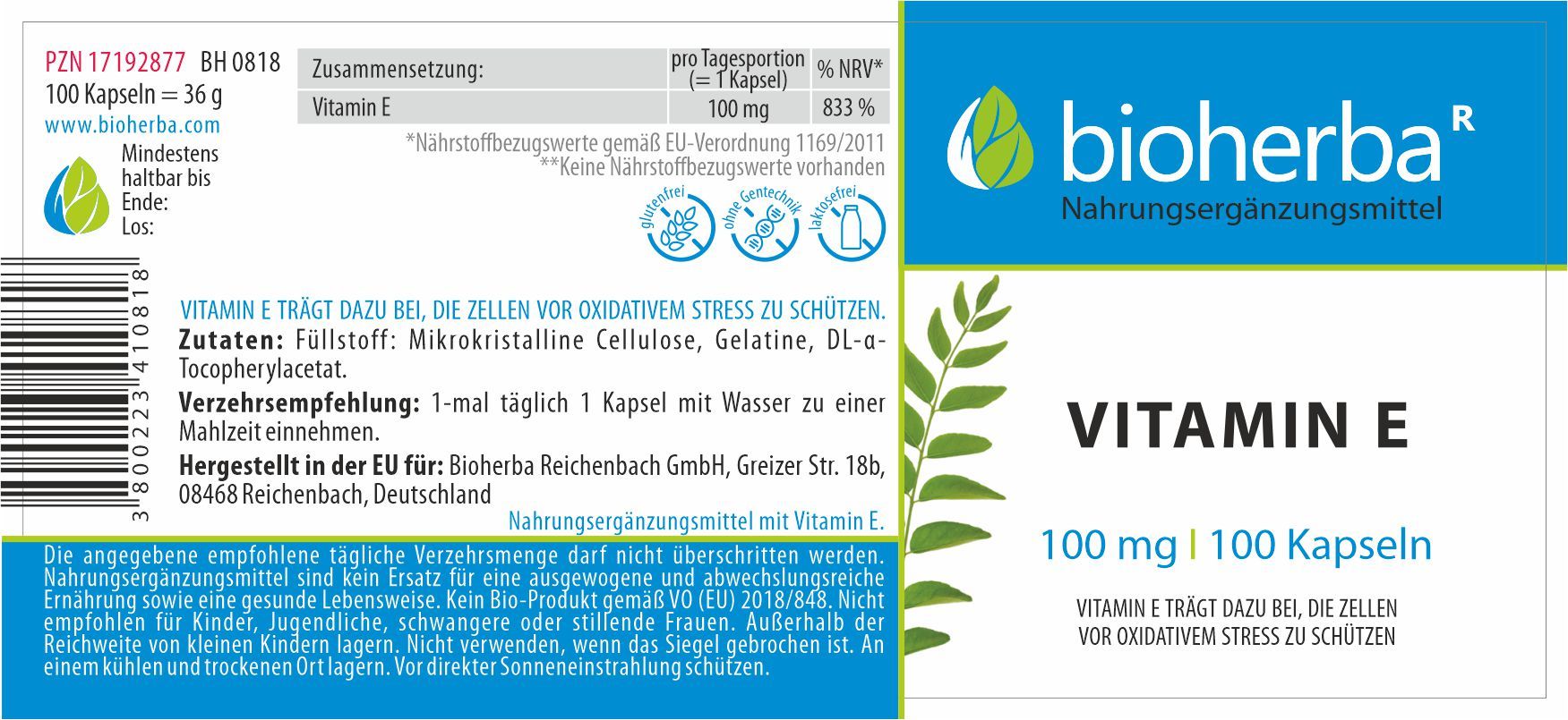 Etikett mit Produktinformationen. Enthält Text: Vitamin E, 100 mg, 100 Kapseln. Marke: Bioherba. Glutenfrei, laktosefrei.