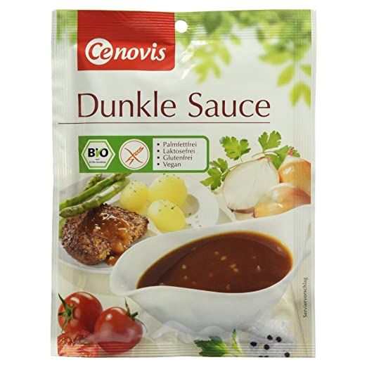 Cenovis Dunkle Sauce Bio glutenfrei Beutel mit Abbildung eines Steaks mit Beilagen.