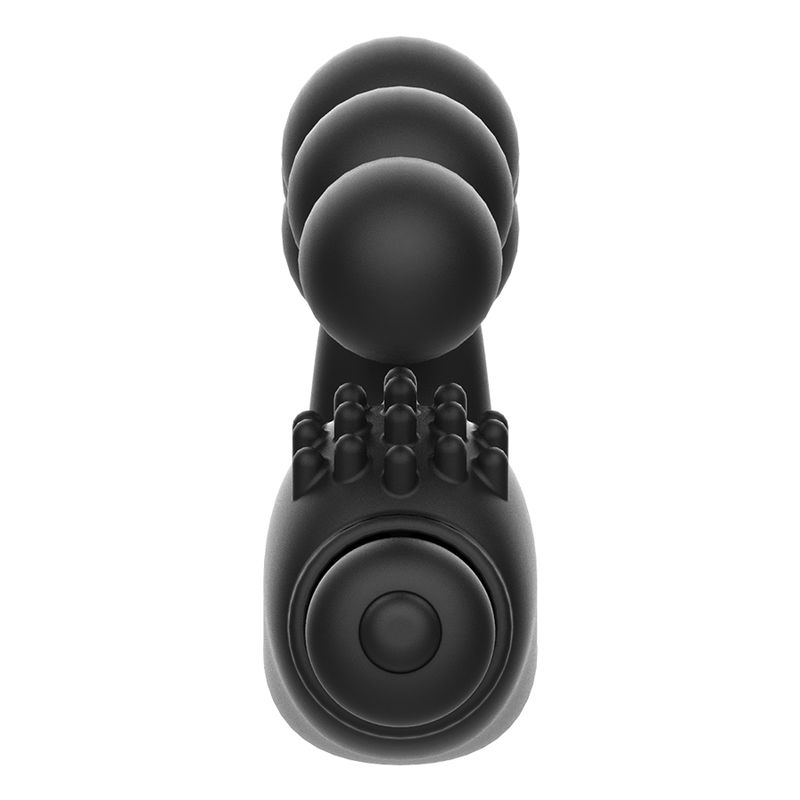 Schwarzer Analmassager mit perlenförmigem Aufsatz und Noppen.