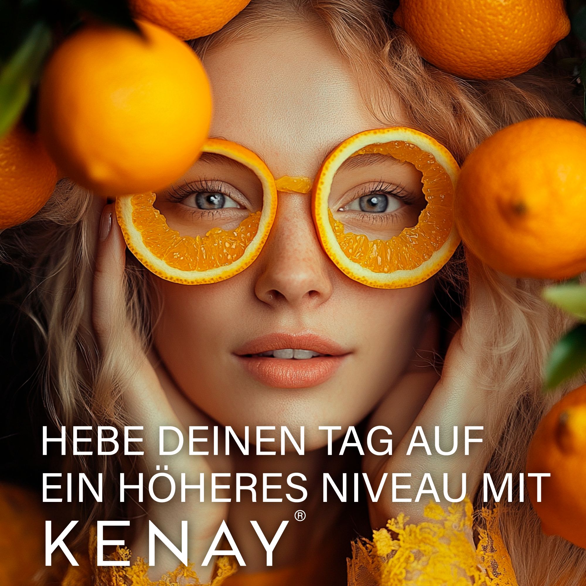 Porträt einer Frau mit Orangenscheiben als Brille. Text: Hebe deinen Tag auf ein höheres Niveau mit KENAY.