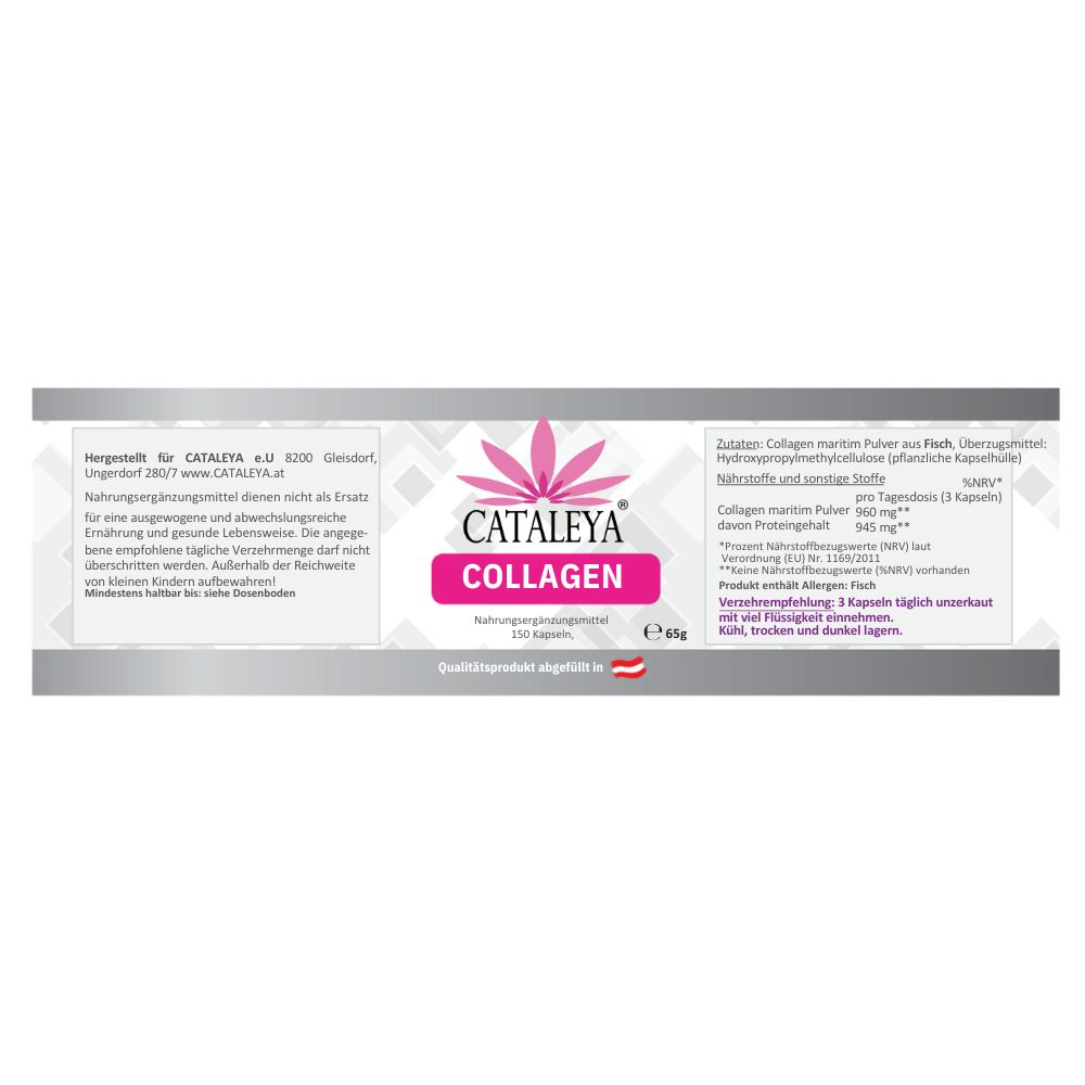 Rückseite der Dose mit Text. CATALEYA COLLAGEN. Inhaltsstoffe, Nährwertangaben. 65g. Hergestellt in Österreich.