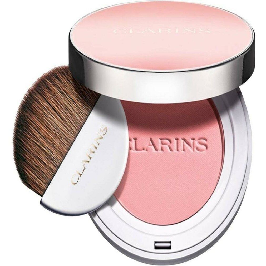 Rouge CLARINS JOLI BLUSH 01. Runde Dose mit Puder, Pinsel. Dose mit silbernem Rand, rosa Deckel. Pinsel mit weißem Griff. Marke sichtbar.