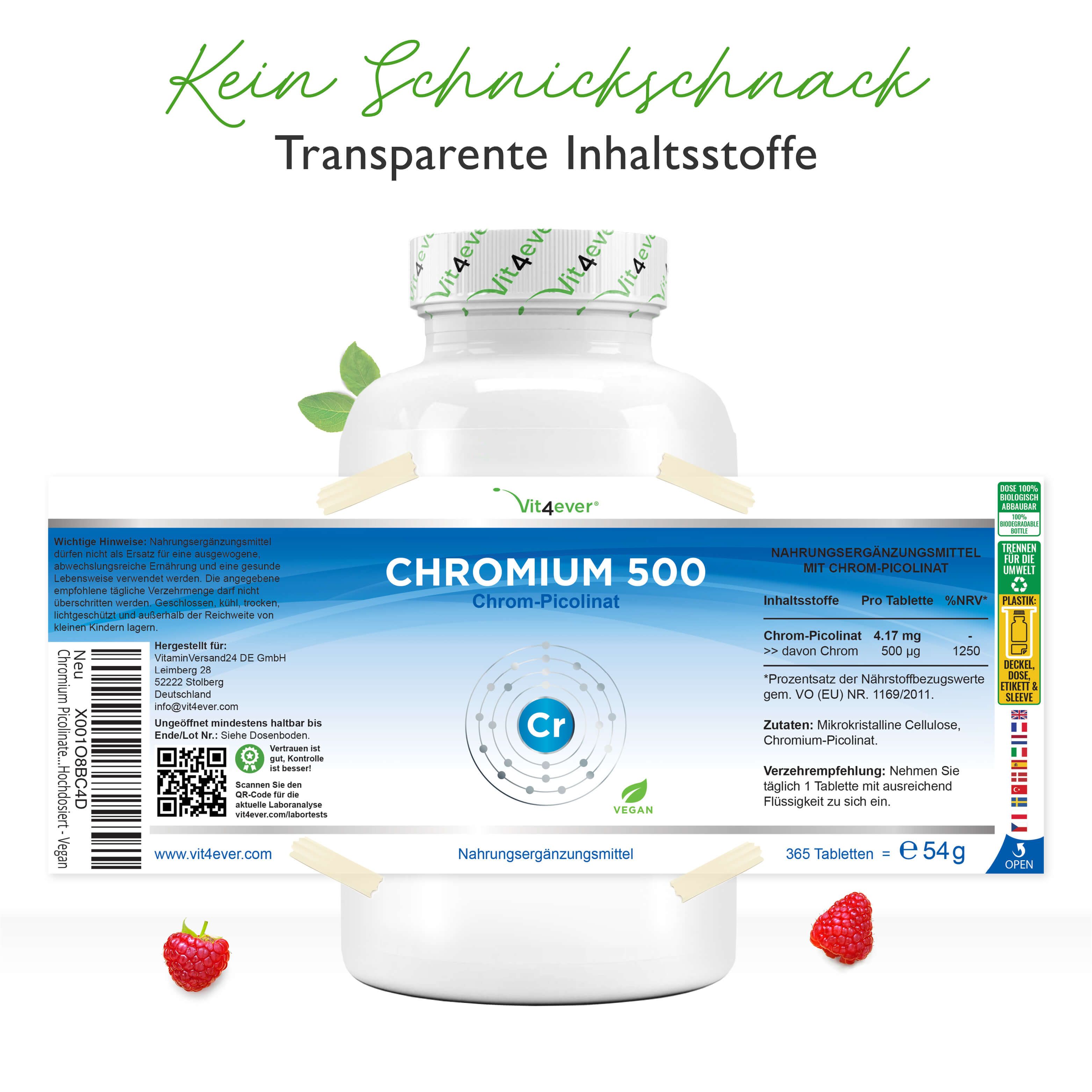 Weiße Flasche mit Etikett. Aufschrift: Chromium 500, Chrom-Picolinat. Enthält 365 Tabletten. Informationen zu Inhaltsstoffen und Nährwerten.