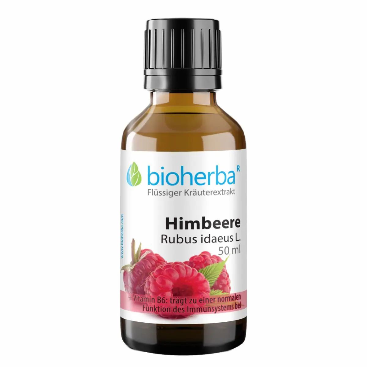 Braune Glasflasche mit schwarzem Deckel. Etikett mit Produktname, Himbeeren-Illustration und "bioherba" Logo.