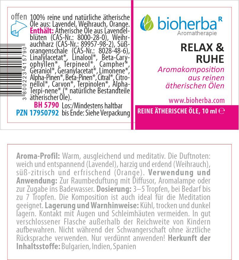 Etikett mit Produktinformationen: Bioherba Relax & Ruhe, reine ätherische Öle, 10 ml. Inhaltsstoffe, Warnhinweise.