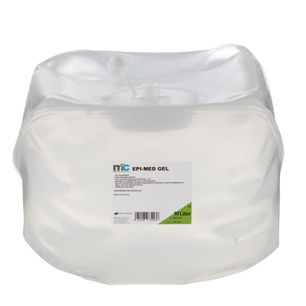 10 Liter EPI-MED GEL in transparenter Kunststoffverpackung mit Spenderventil.