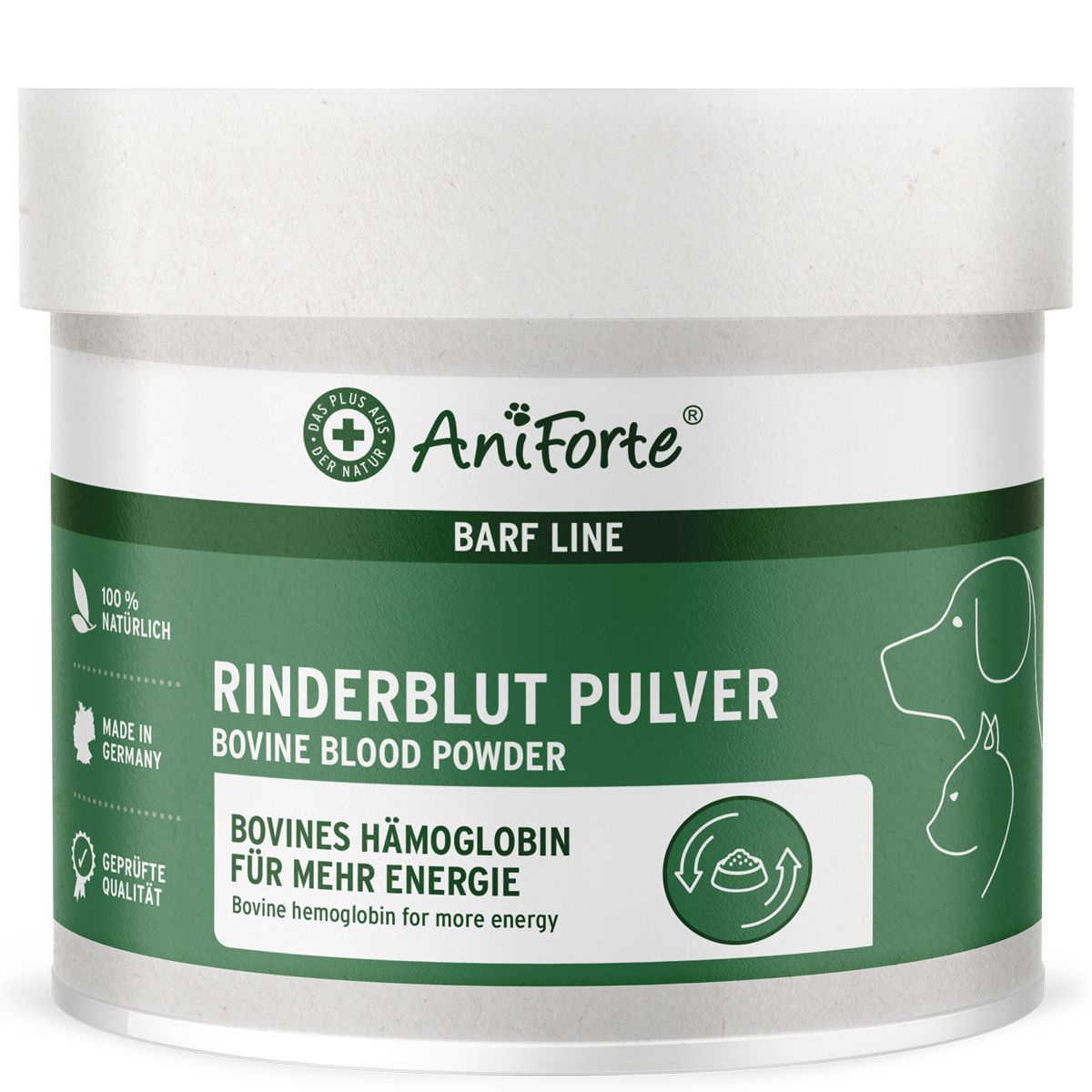 Weißer Behälter mit grünem Etikett. Aufschrift: AniForte BARF Line Rinderblut Pulver. Bovine Blood Powder. Für mehr Energie.