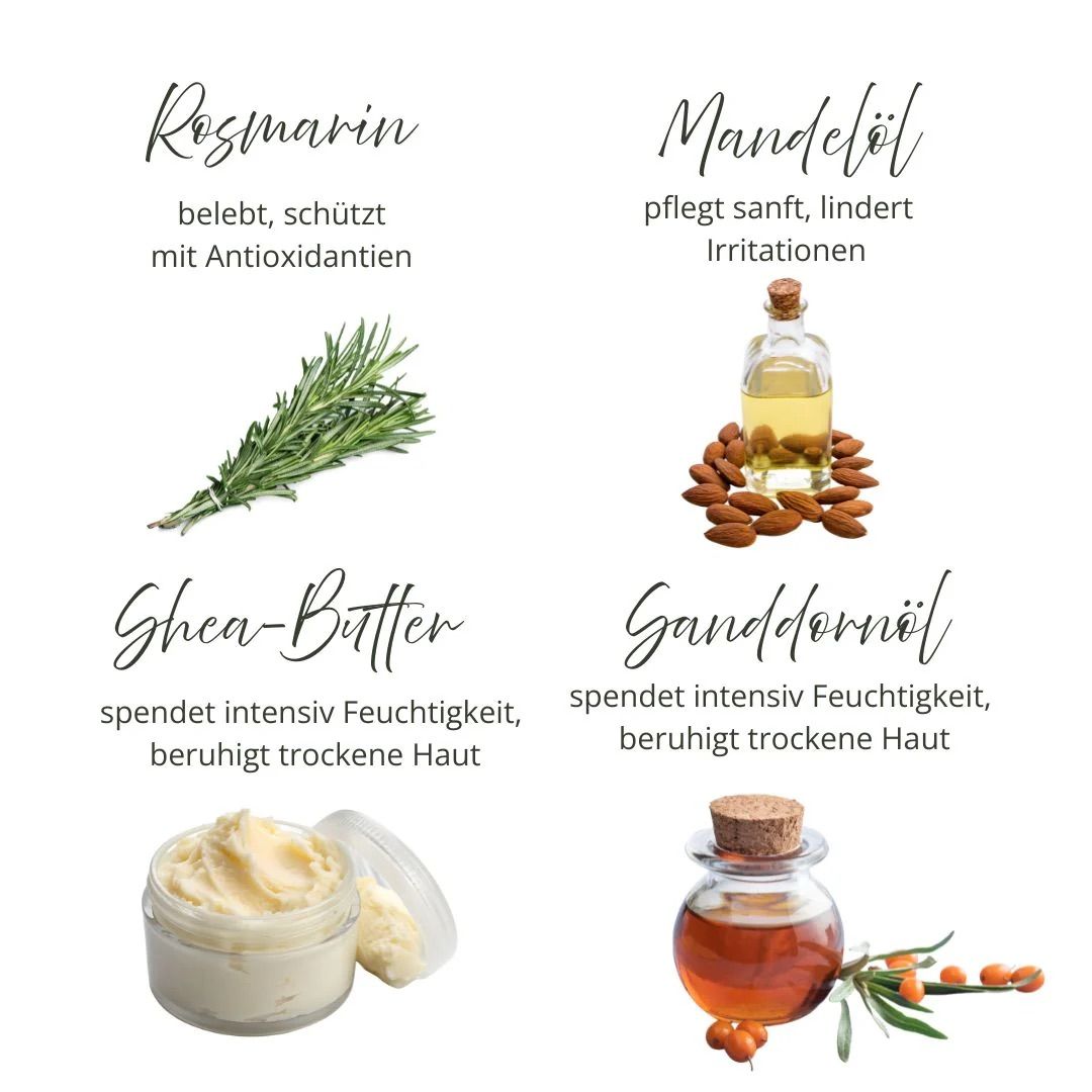 Vier Bilder mit Inhaltsstoffen: Rosmarin, Mandelöl, Sheabutter, Sanddornöl. Text beschreibt Eigenschaften.