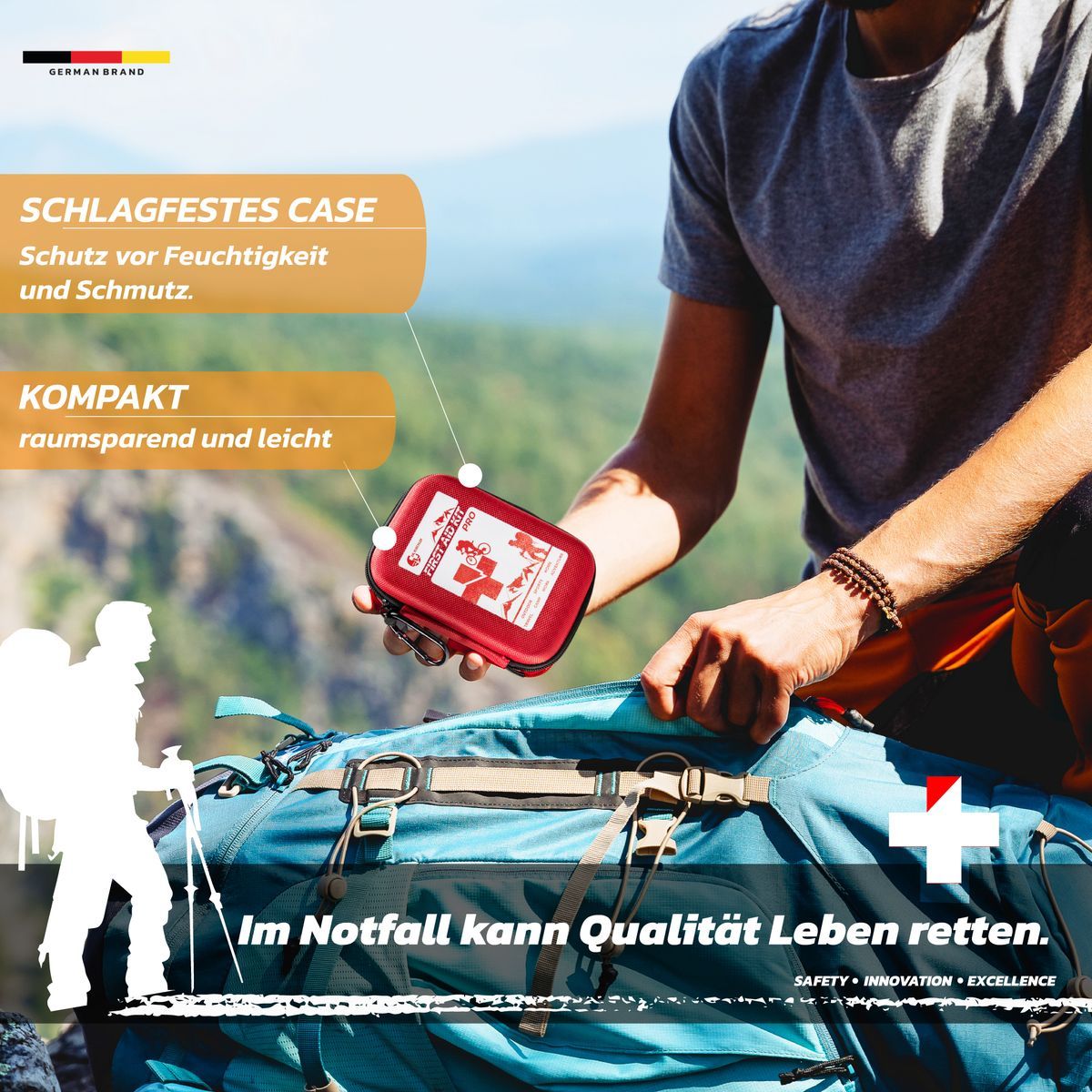 Rotes Erste-Hilfe-Set in einem Rucksack. Text: Schlagfestes Case, kompakt. Im Notfall kann Qualität Leben retten.