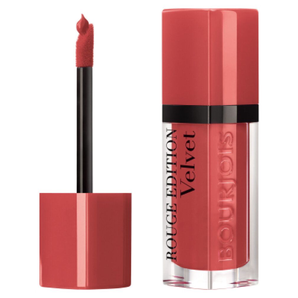 Roter Lippenstift mit geöffneter Kappe. Schwarzer Applikator. Schriftzug: Rouge Edition Velvet und Bourjois.