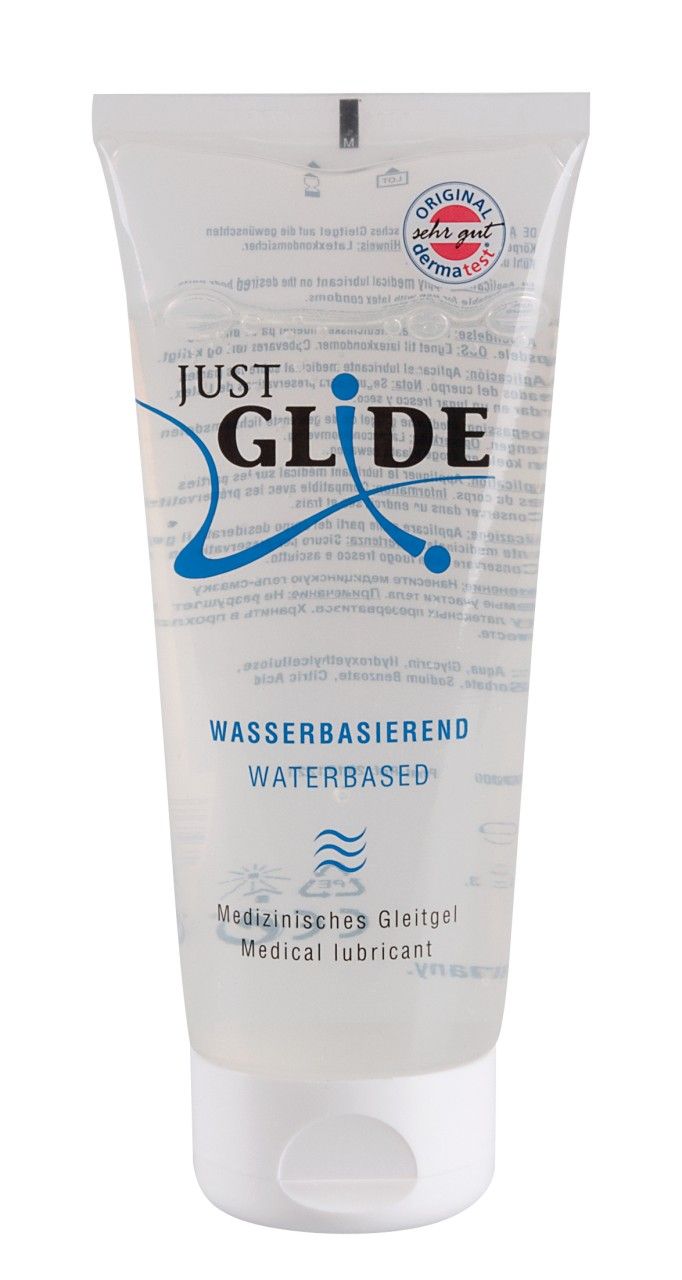 Transparente Tube mit weißem Deckel. Aufschrift: JUST GLIDE, wasserbasiert, medizinisches Gleitgel.