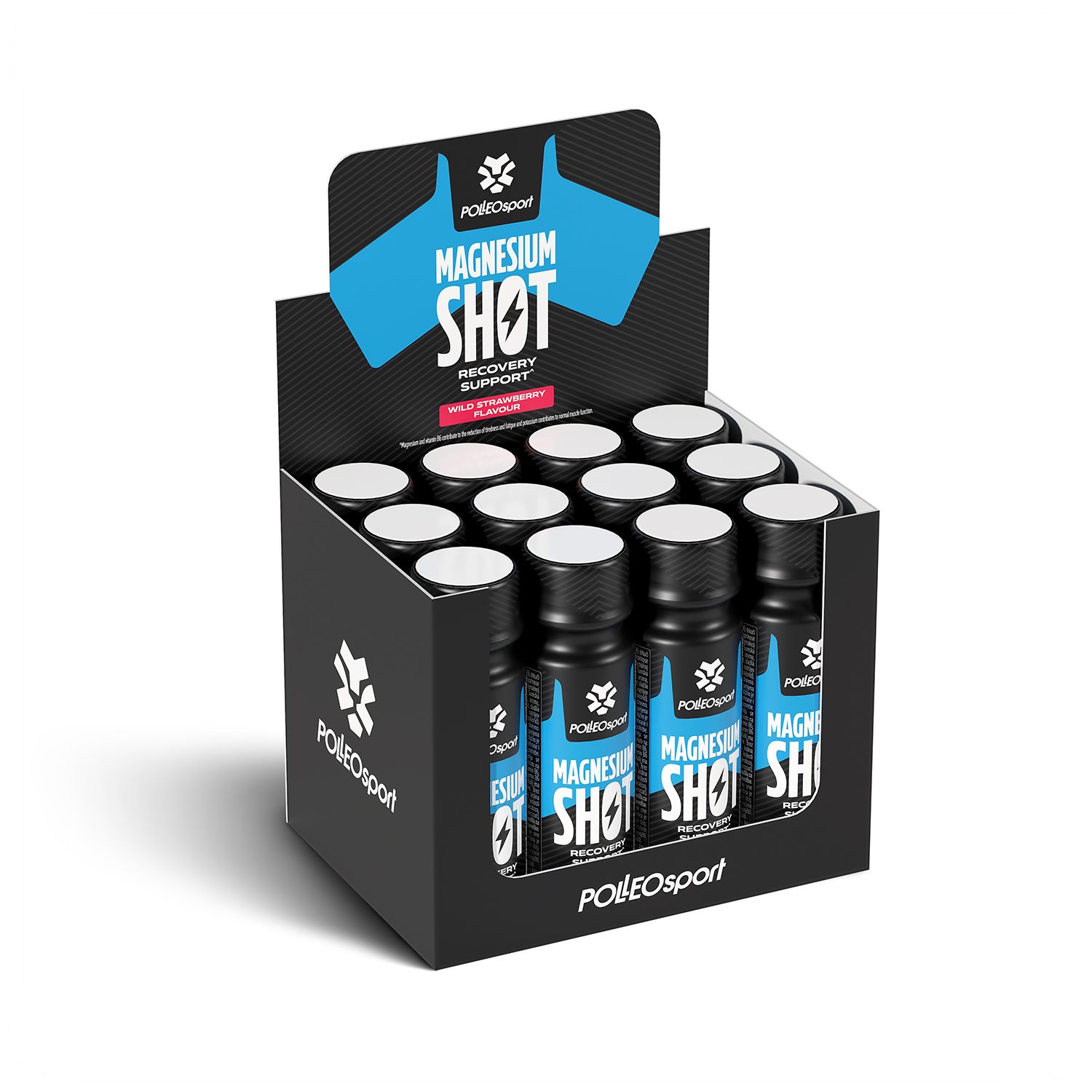 Verpackung mit mehreren Flaschen Magnesium Shot. Schwarze Schachtel mit blauem Logo und Schriftzug.