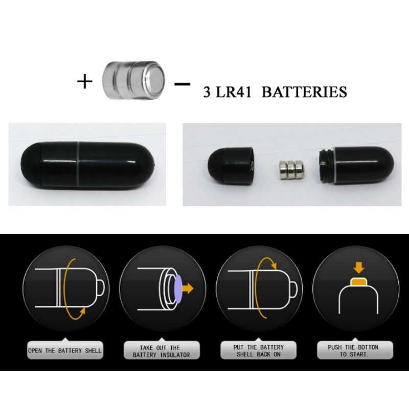 Anleitung zur Batterie. Schwarze Batterie. 3 LR41 Batterien. Schritte: öffnen, entfernen, einsetzen, drücken.