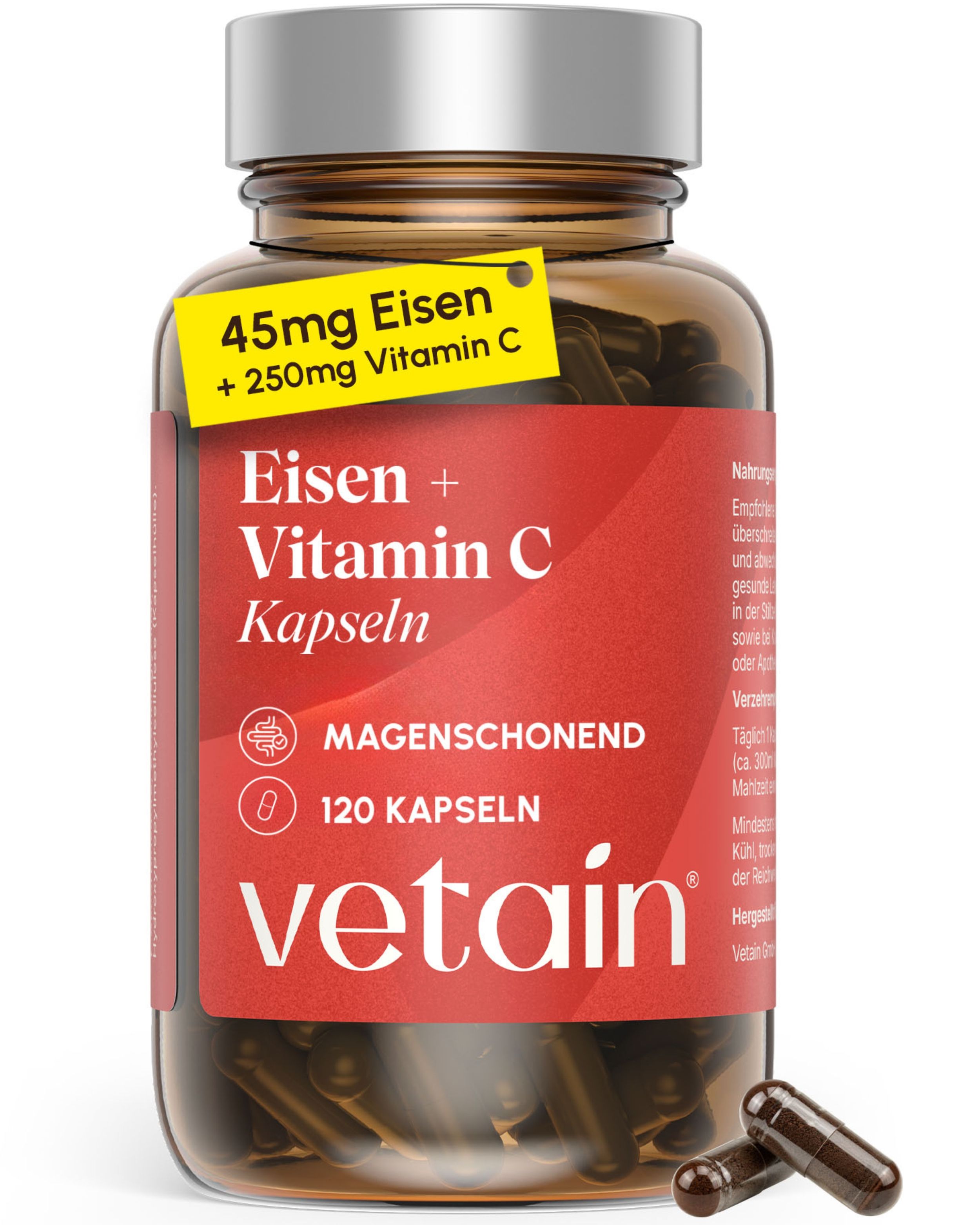 Braunglasflasche mit VETAIN Eisen + Vitamin C Kapseln. Gelber Anhänger mit Dosierung.