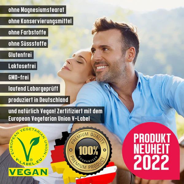 Paar im Freien, umgeben von Text über "NatureCraft Vegan Basics"-Vorteile und Zertifizierungen.