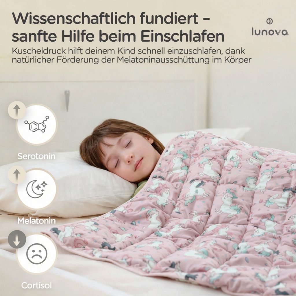 Rosa Gewichtsdecke mit Einhorn-Motiv, fördert Serotonin und Melatonin.