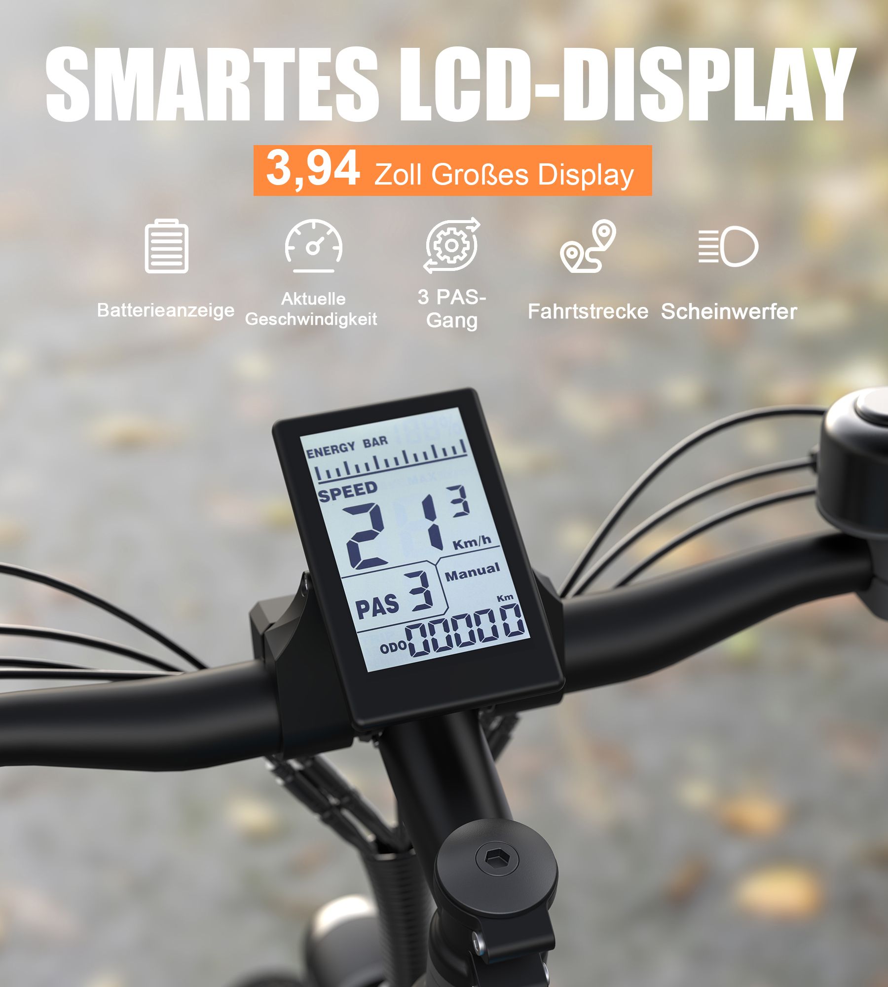 Fahrradlenker mit LCD-Display. Anzeige von Geschwindigkeit, Akku und PAS-Gang. Text: Smartes LCD-Display, 3,94 Zoll.