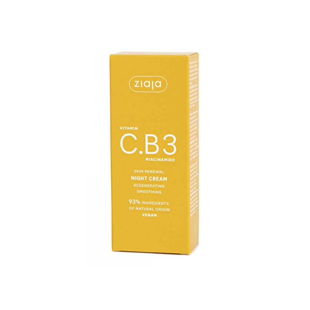 Ziaja Vitamin C.B3 Niacinamid Nachtcreme Kartonverpackung. Gelbe Box mit weißer Schrift.