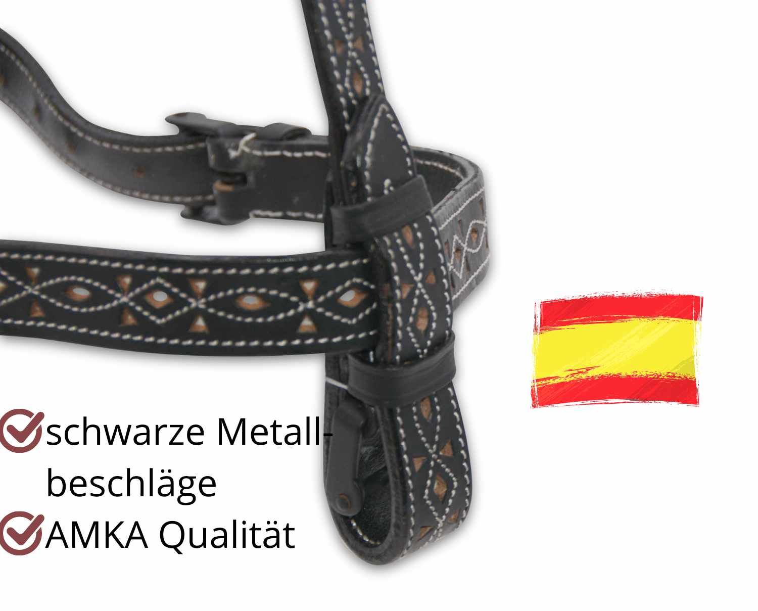 Detail der Trense mit schwarzen Metallbeschlägen. AMKA Qualität. AMKA Spanische Trense.