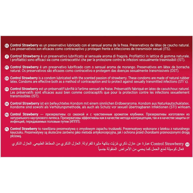 Text mit Produktinformationen in verschiedenen Sprachen. Aufschrift "Control Strawberry".