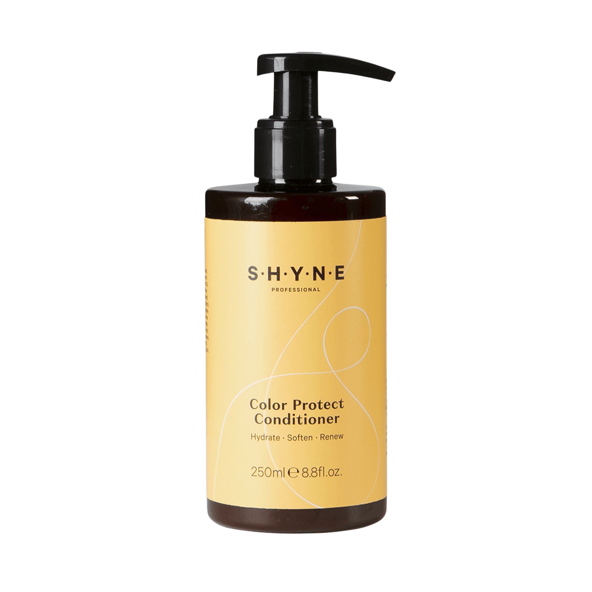 Braune Flasche mit schwarzem Pumpkopf. Aufschrift: SHYNE Color Protect Conditioner. Gelbe Etiketten. 250ml.