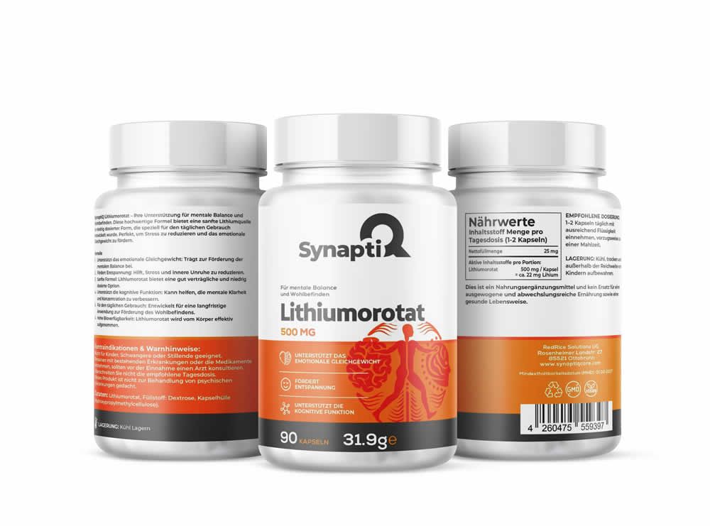 Drei weiße Pillenfläschchen mit "SynaptiQ"-Logo und "Lithiumorotat"-Aufschrift. Enthält 90 Kapseln. Aufdrucke in Deutsch.