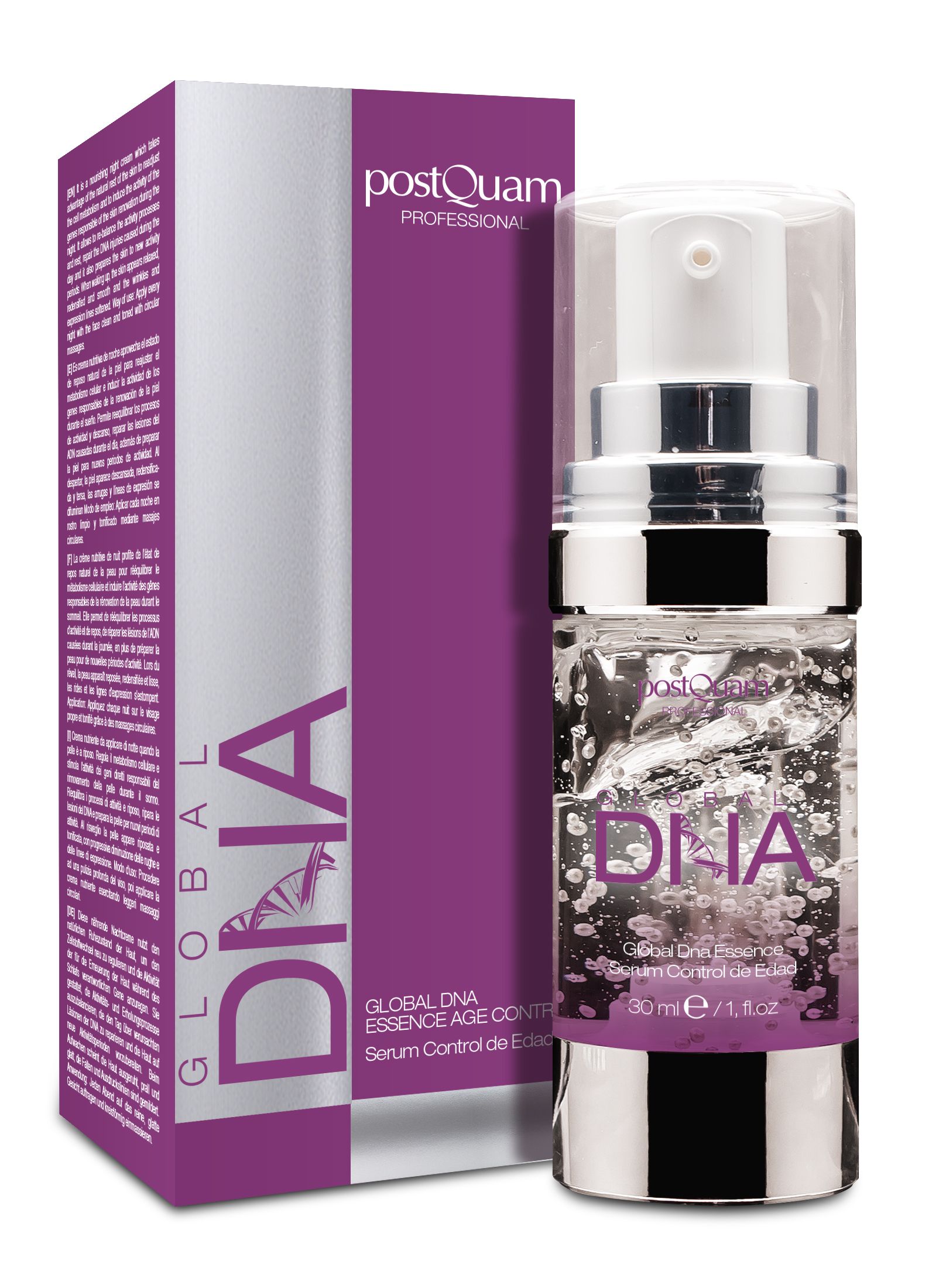 Serumflasche und Verpackung. Flasche mit Sprühkopf. Verpackung mit Aufschrift DNA und Logo.