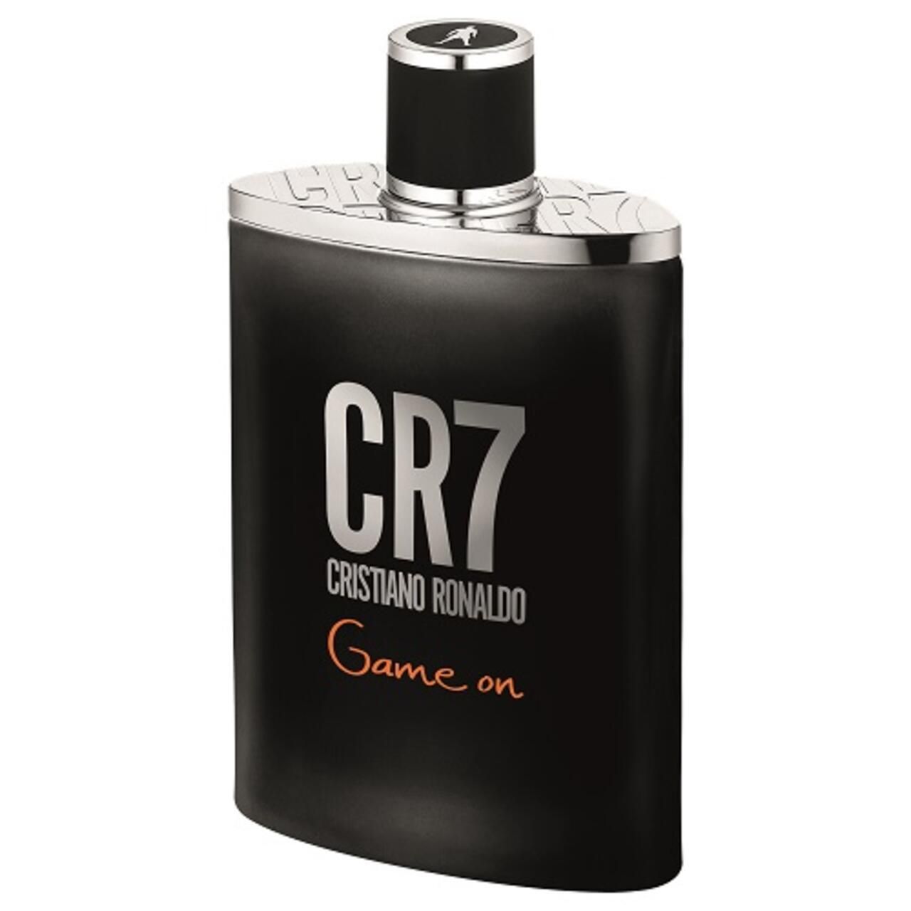 Schwarze Flasche mit silbernem Deckel. Auf der Flasche steht CR7 Cristiano Ronaldo Game On. Der Deckel ist schwarz.
