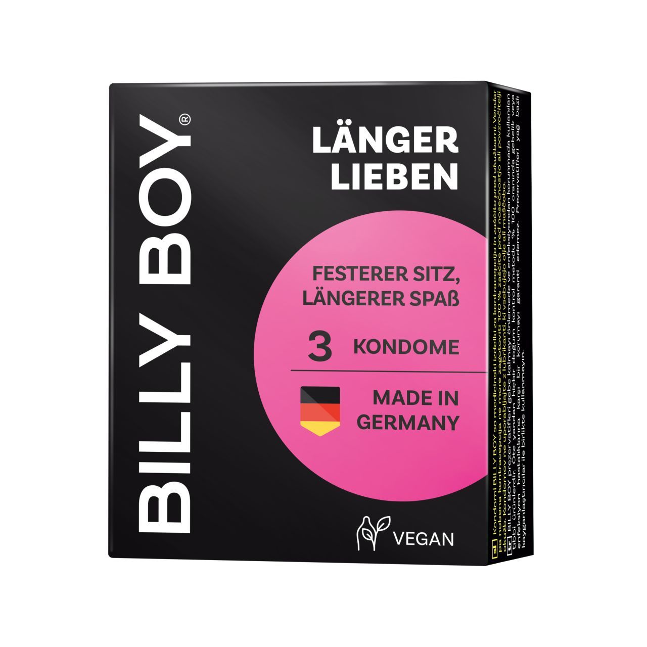 Packung BILLY BOY Kondome LÄNGER LIEBEN, 3 Stück, Made in Germany, Vegan.