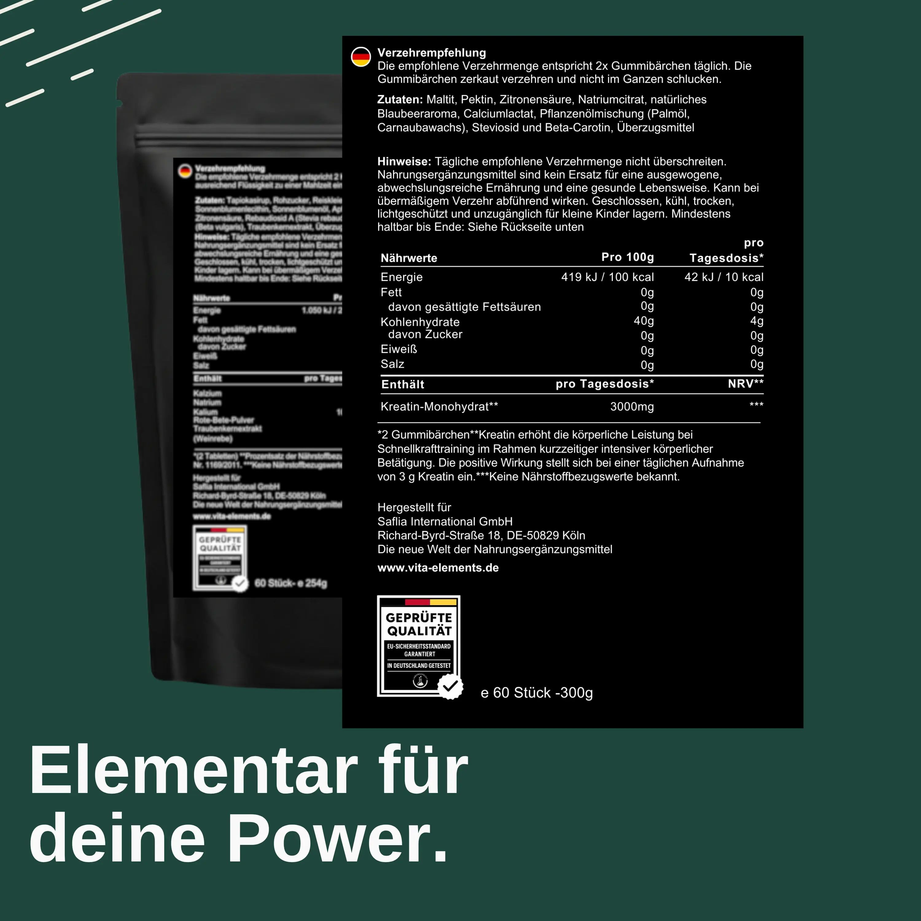 Rückseite der Vita Elements Kreatin Monohydrat Gummibärchen Verpackung mit Nährwertangaben und Siegel.