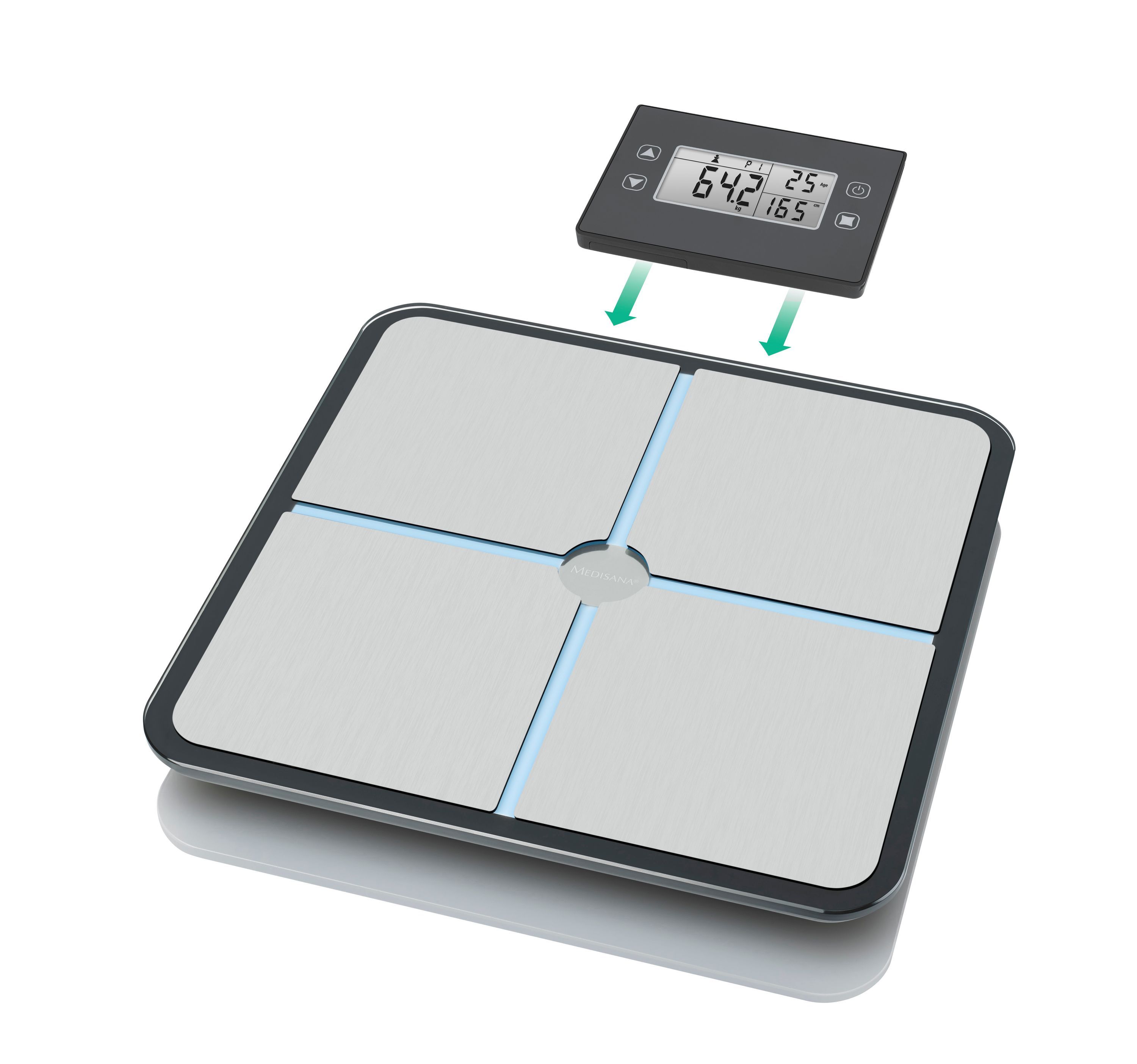 Körperanalysewaage mit abnehmbarem Display. Waage und Display getrennt dargestellt. Schwarzer Rahmen, silberne Oberfläche, blaue Linien.