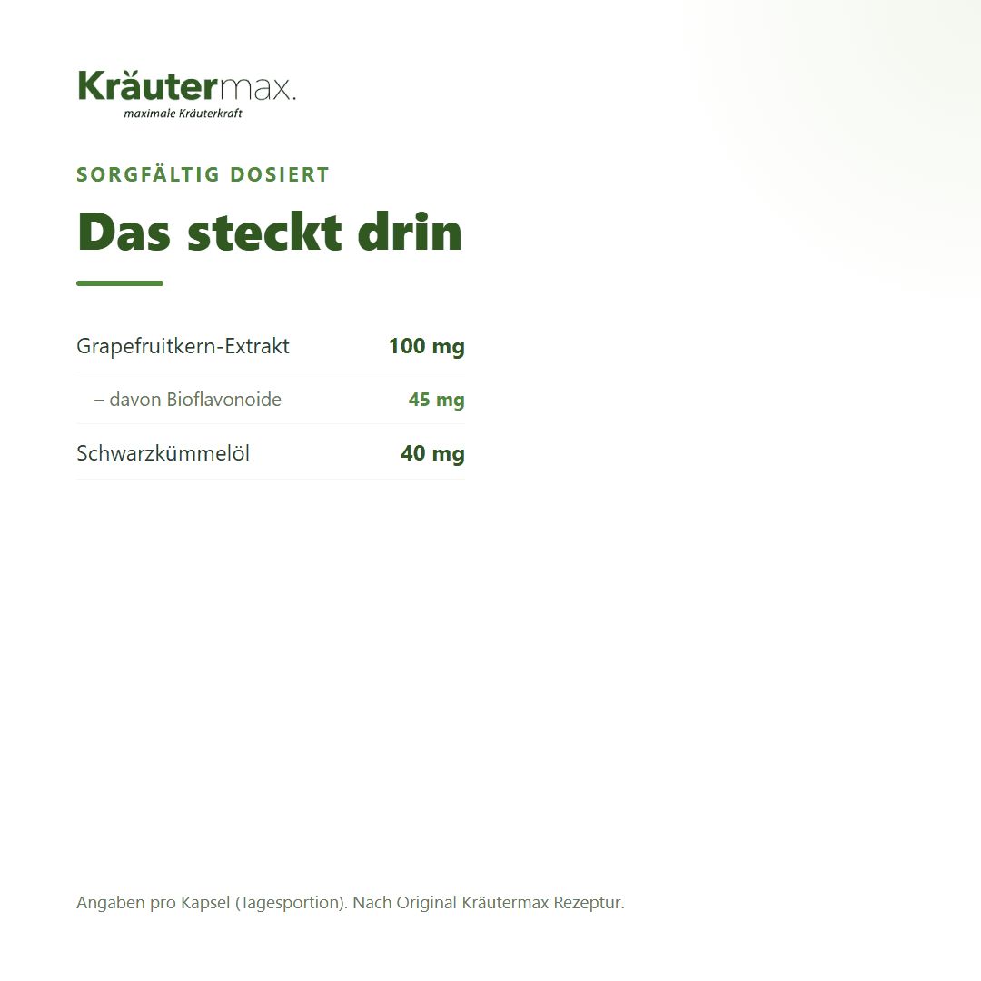 Kräutermax: 1 Kapsel täglich vor dem Essen einnehmen. Für alle, die ergänzen möchten.