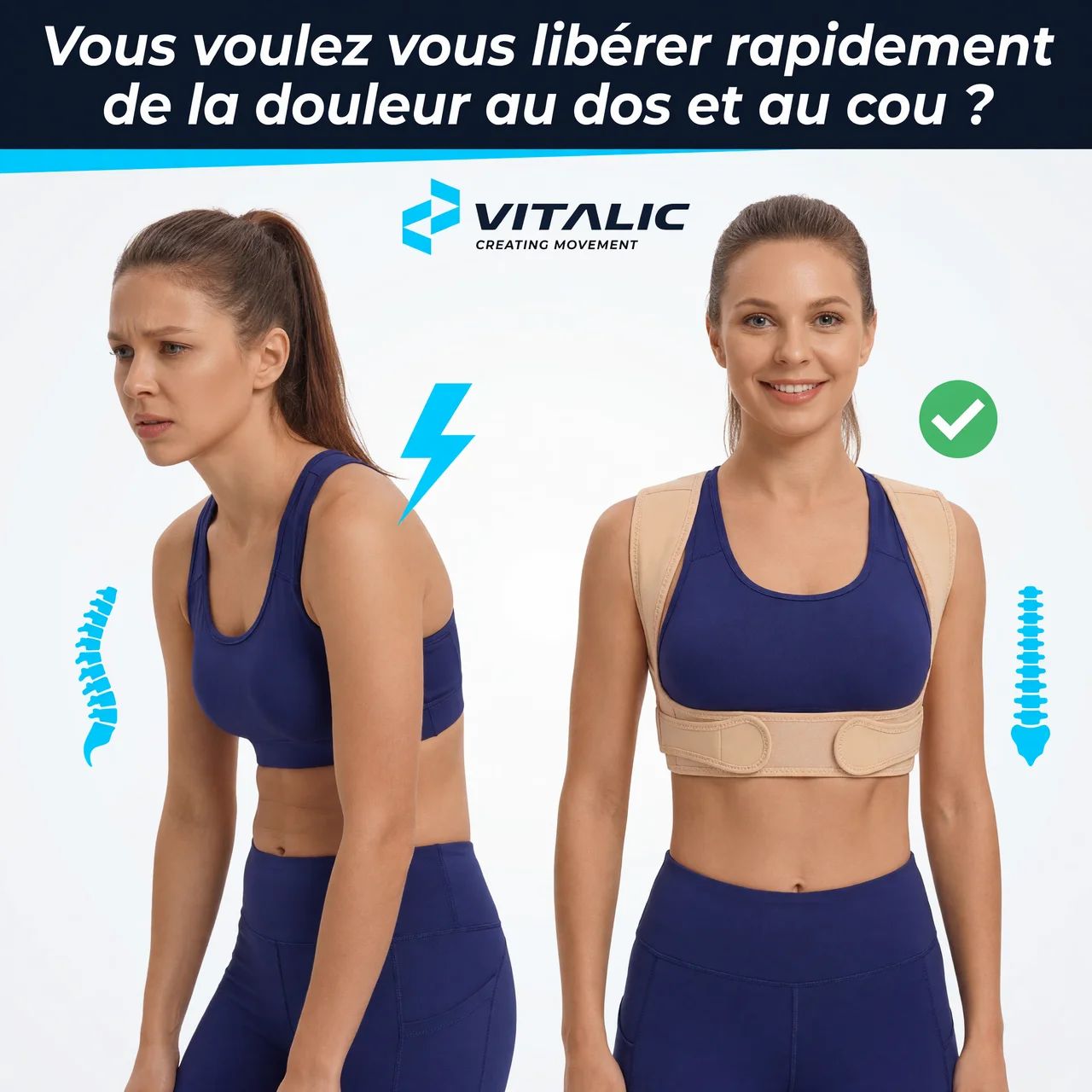 Zwei Frauen, eine mit schlechter, eine mit korrekter Haltung. VITALIC Logo. Text: VITALIC CREATING MOVEMENT.