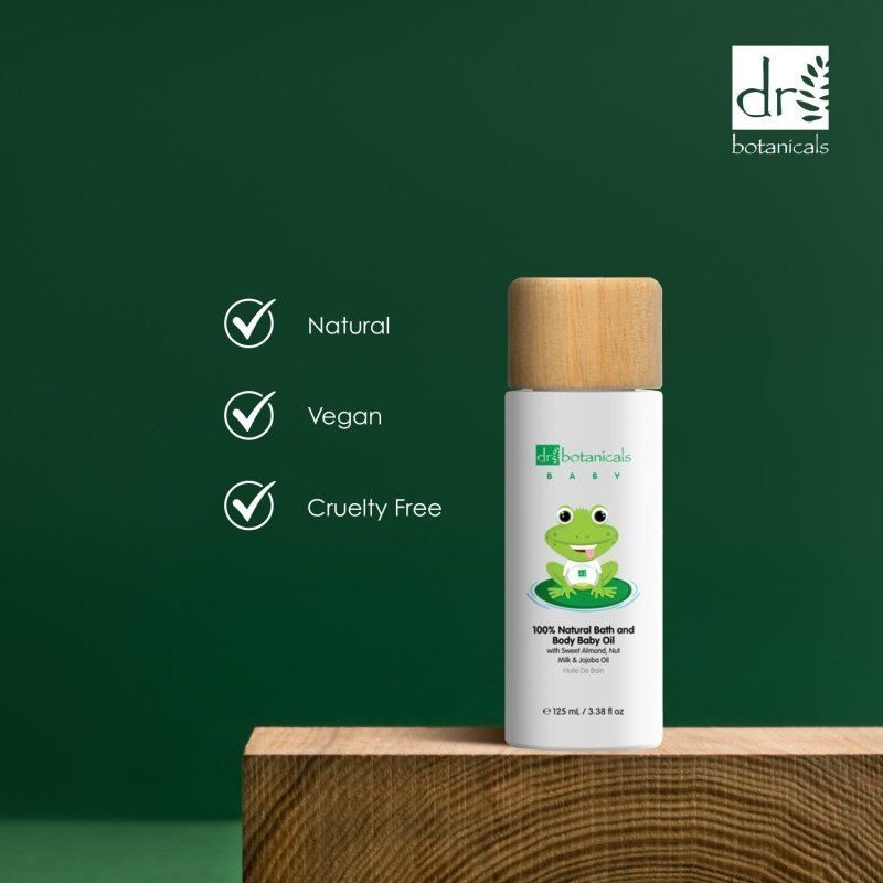 Dr. Botanicals Babyöl Flasche mit Siegeln für natürlich, vegan und tierversuchsfrei.