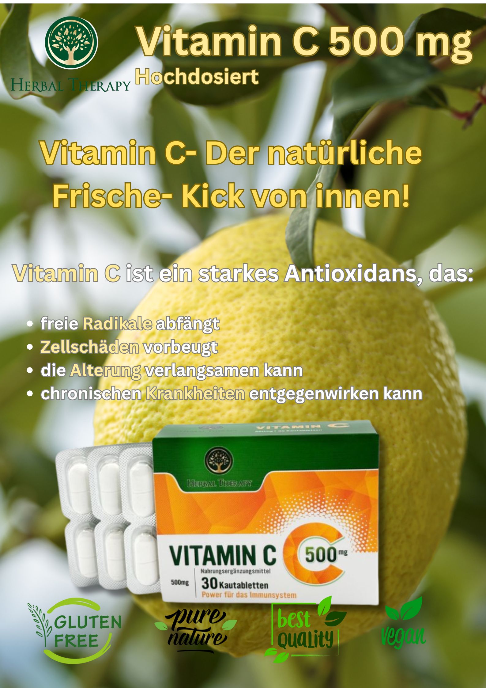 Zitrone, Vitamin C 500 mg Schachtel und Tablettenblister. Glutenfrei, Pure Nature, Best Quality, Vegan.