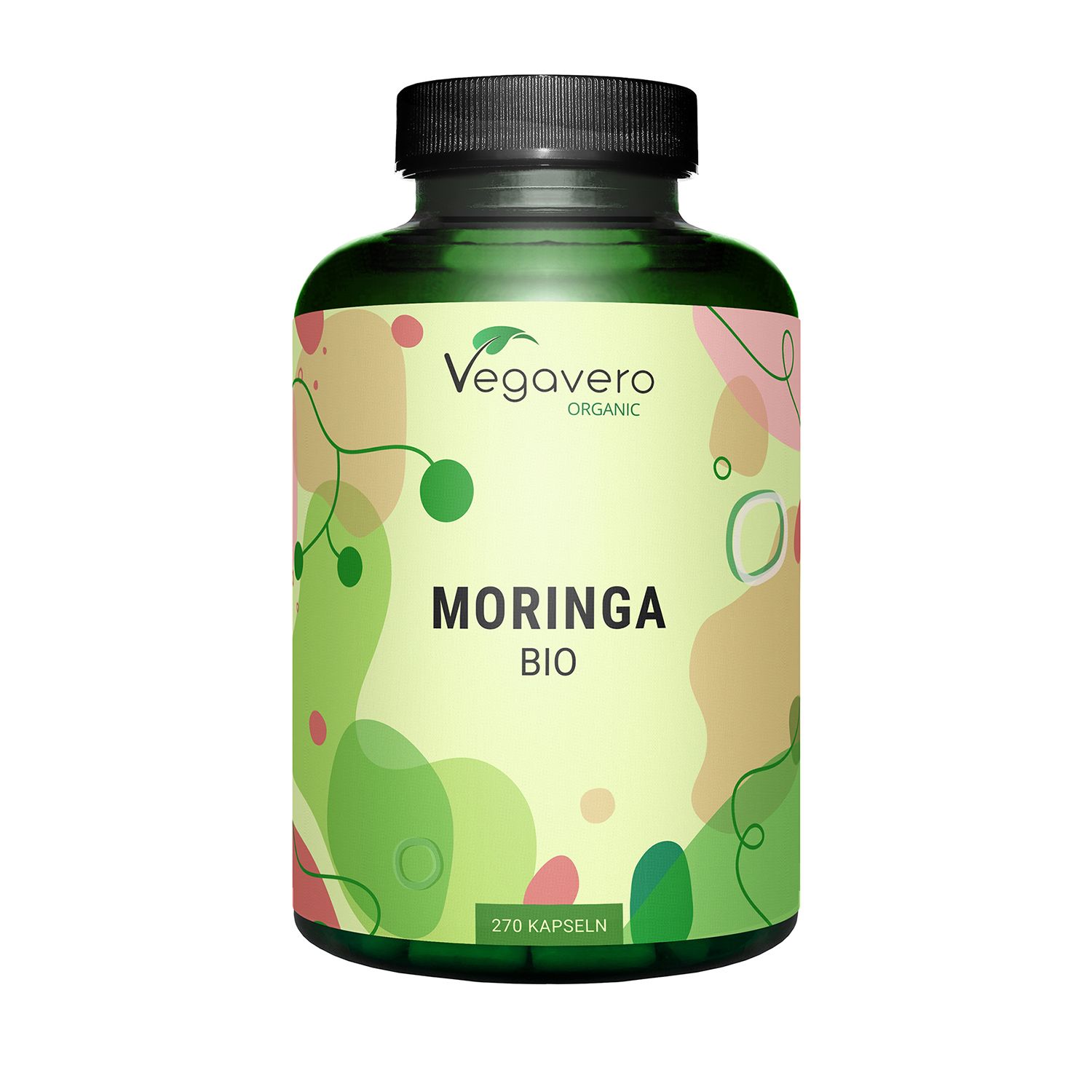 Grüne Flasche mit schwarzem Deckel. Aufschrift: Vegavaro Organic, Moringa BIO, 270 Kapseln.