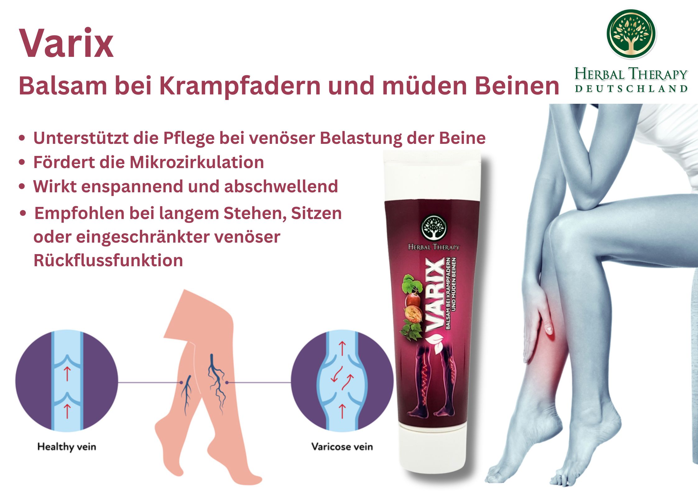 Produkt-Tube mit Aufschrift VARIX. Illustration von Bein mit Krampfadern. Text: Balsam bei Krampfadern und müden Beinen. Logo Herbal Therapy.