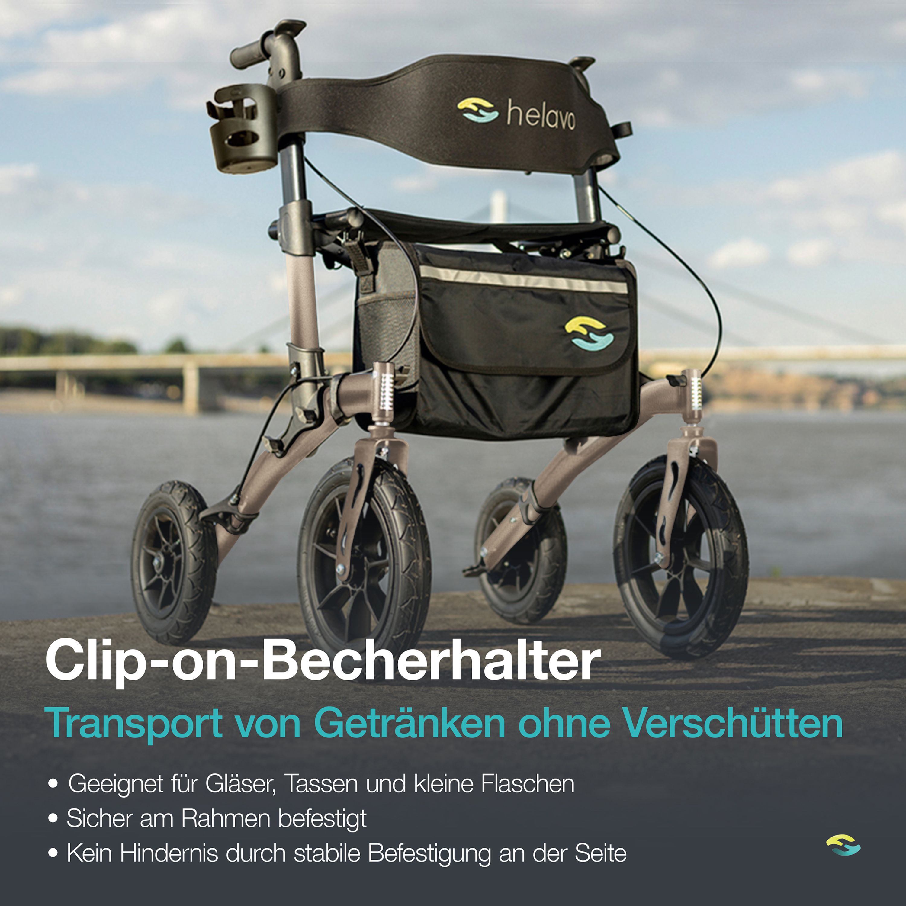 Rollator mit Clip-on-Becherhalter für Gläser und Flaschen, sicher am Rahmen befestigt.